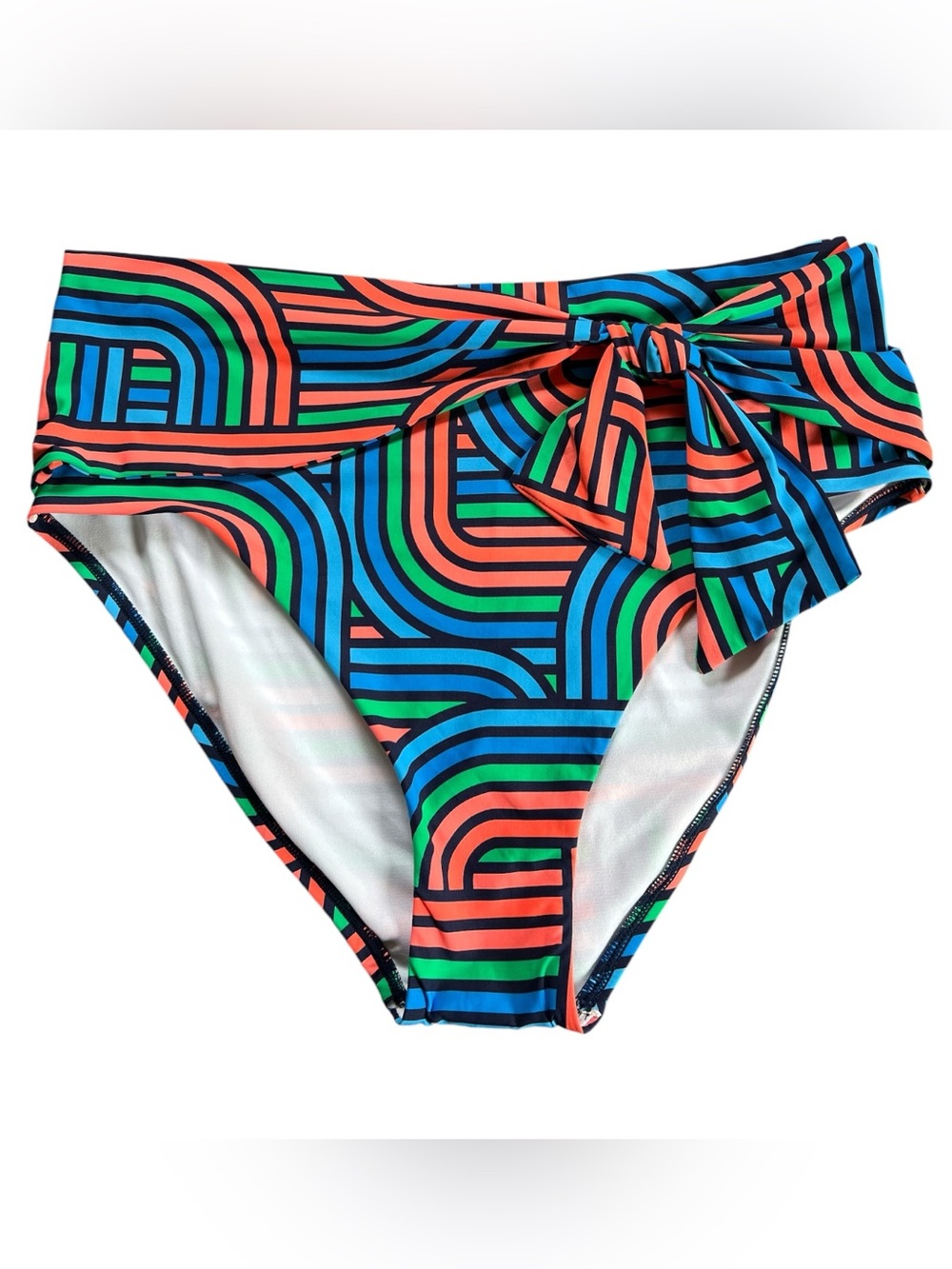 High-Waist Geometric Tie-Side Bikini Bottom in Blue, Green & Coral